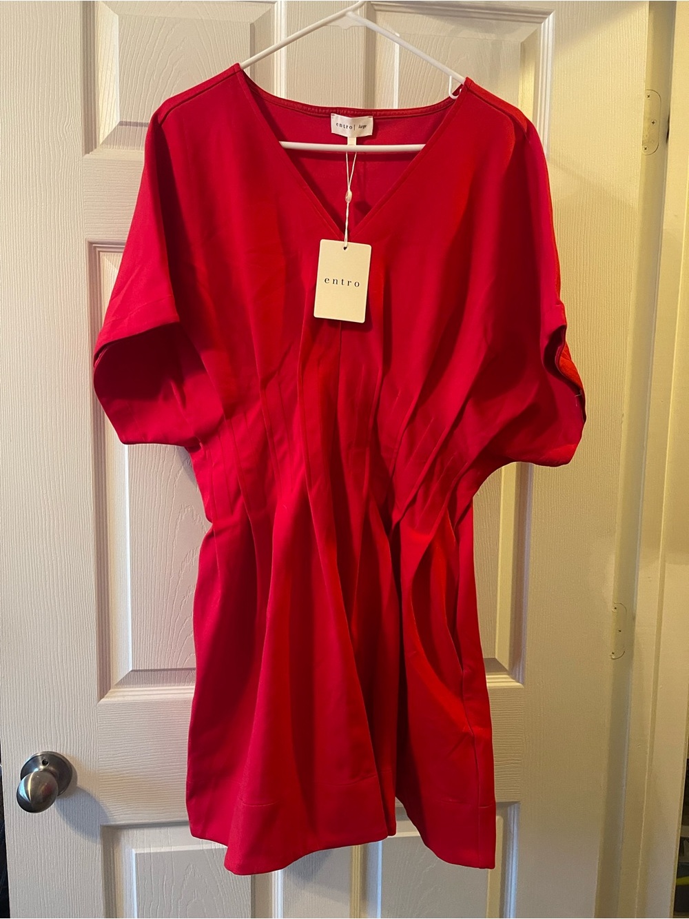 Women's Red V-Neck Pleated Fit-and-Flare Dress - NWT - Picture 3 of 8